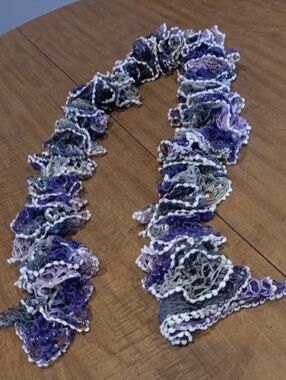 Ruffled Knit Scarf in Purple and Gray